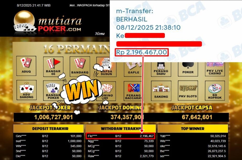 Bukti Withdraw ( 2,196,467,- ) Member Setia MutiaraPoker