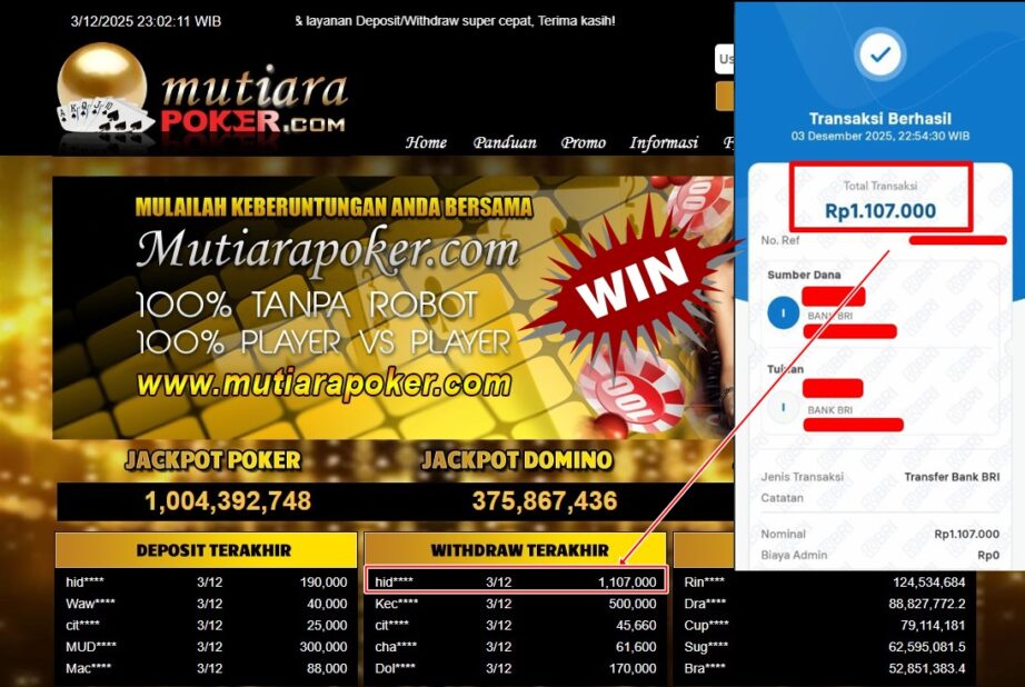 Bukti Withdraw ( 1,107,000,- ) Member Setia MutiaraPoker
