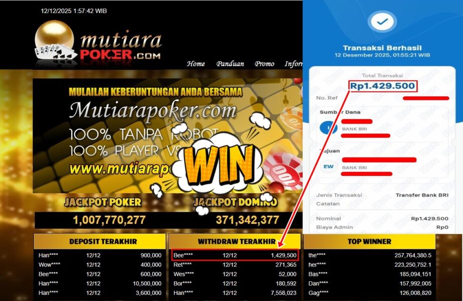 Bukti Withdraw ( 1,429,500,- ) Member Setia MutiaraPoker