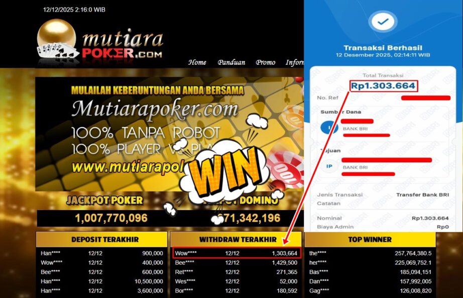Bukti Withdraw (1,303,664,- ) Member Setia MutiaraPoker