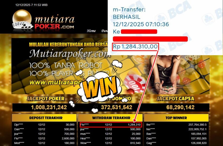 Bukti Withdraw ( 1,284,310,- ) Member Setia MutiaraPoker