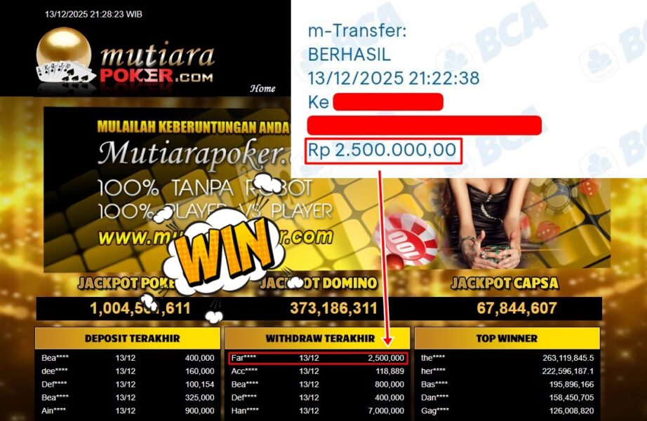 Bukti Withdraw ( 2,500,000,- ) Member Setia MutiaraPoker