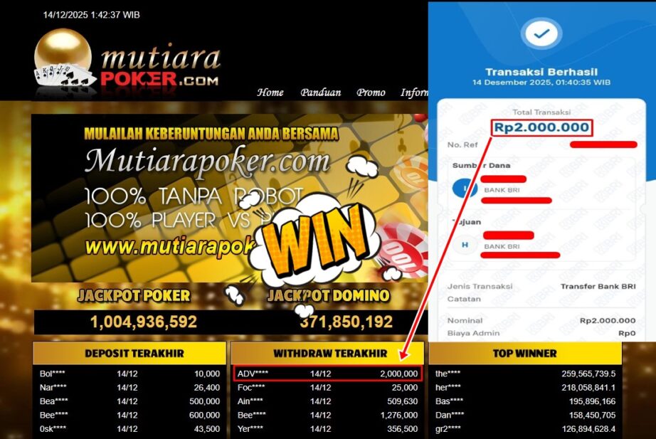 Bukti Withdraw ( 2,000,000,- ) Member Setia MutiaraPoker