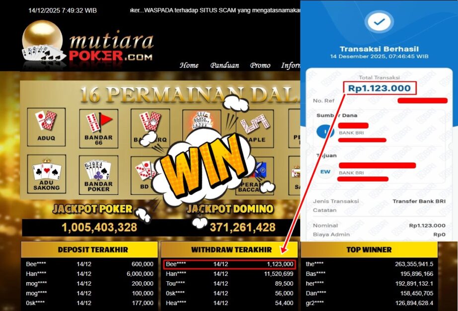 Bukti Withdraw ( 1,123,000,- ) Member Setia MutiaraPoker