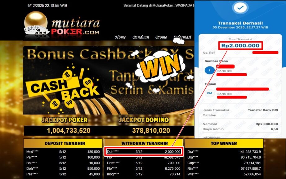 Bukti Withdraw (2,000,000,- ) Member Setia MutiaraPoker