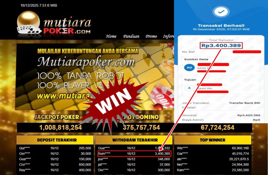 Bukti Withdraw ( 3,400,389,- ) Member Setia MutiaraPoker
