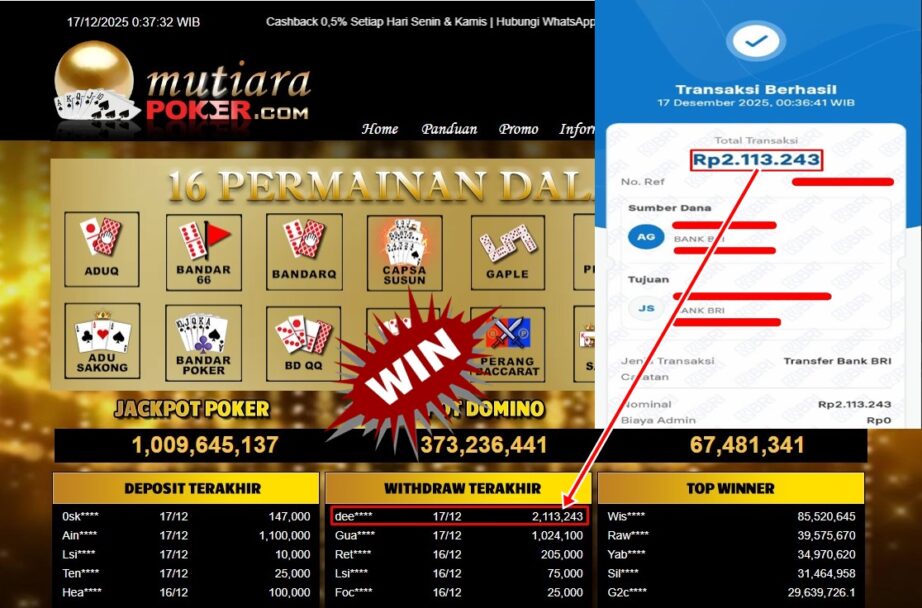 Bukti Withdraw ( 2,113,243,- ) Member Setia MutiaraPoker