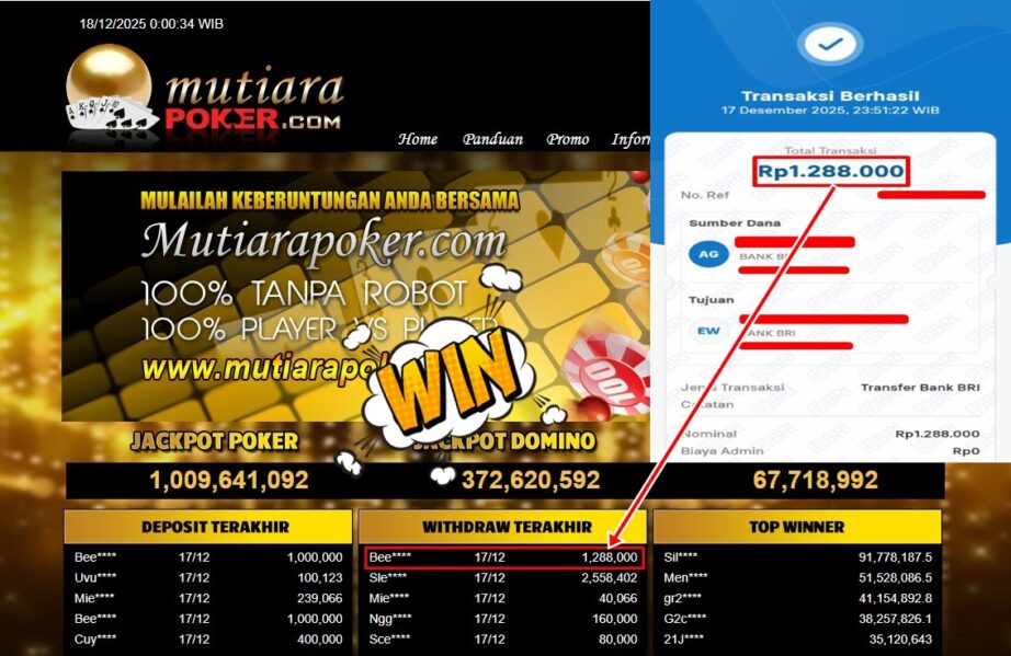Bukti Withdraw ( 1,288,000- ) Member Setia MutiaraPoker
