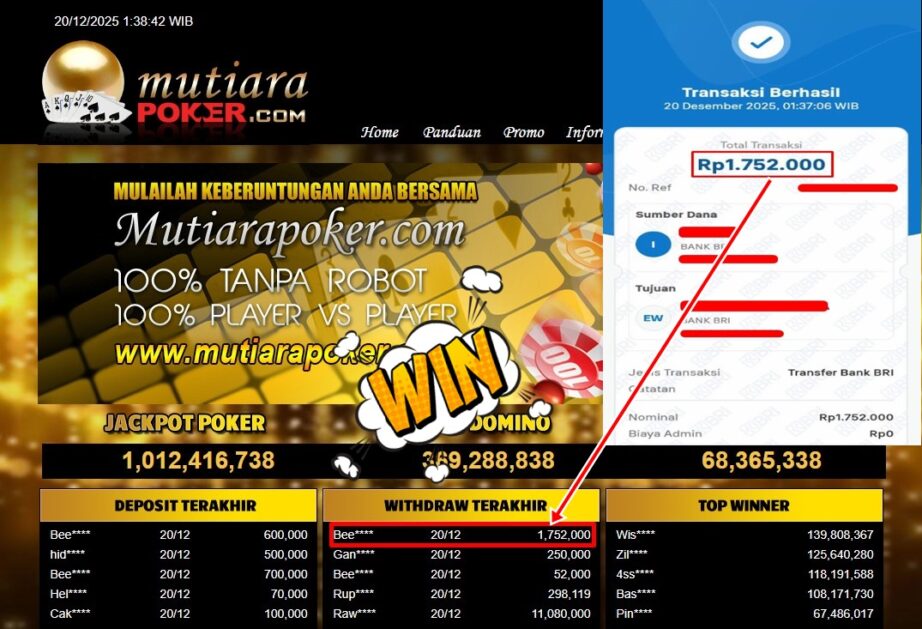 Bukti Withdraw ( 1,752,000,- ) Member Setia MutiaraPoker