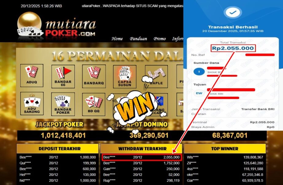 Bukti Withdraw ( 2,055,000- ) Member Setia MutiaraPoker