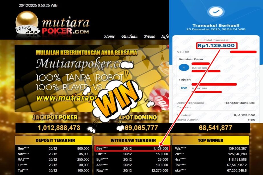 Bukti Withdraw ( 1,129,500,- ) Member Setia MutiaraPoker