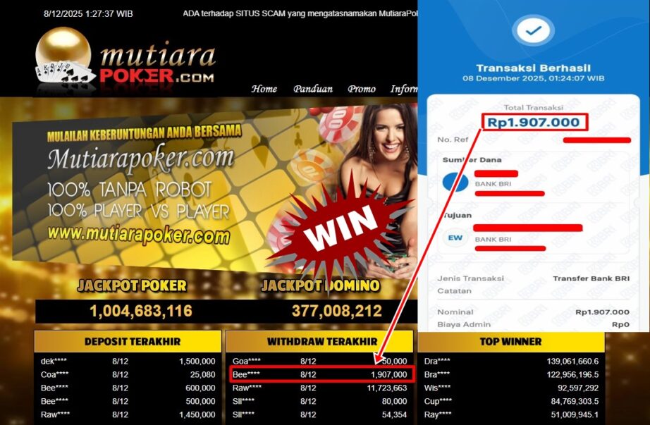 Bukti Withdraw ( 1,907,000,- ) Member Setia MutiaraPoker
