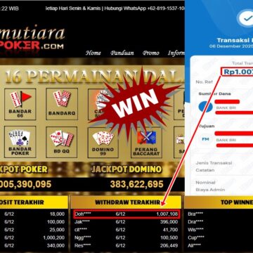Bukti Withdraw ( 1,007,108,- ) Member Setia MutiaraPoker