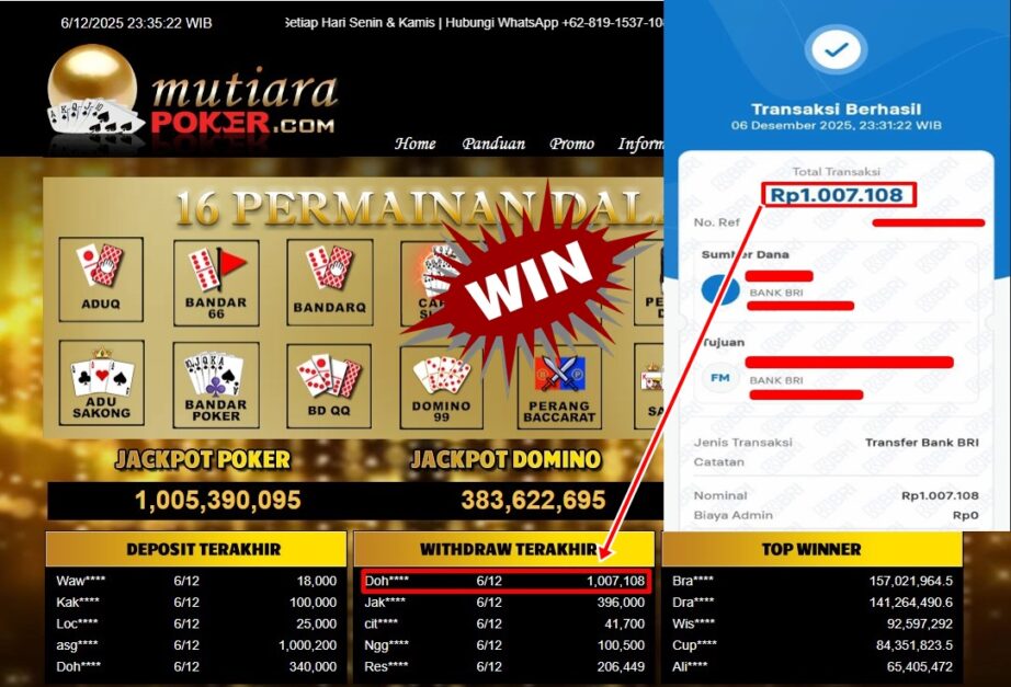 Bukti Withdraw ( 1,007,108,- ) Member Setia MutiaraPoker