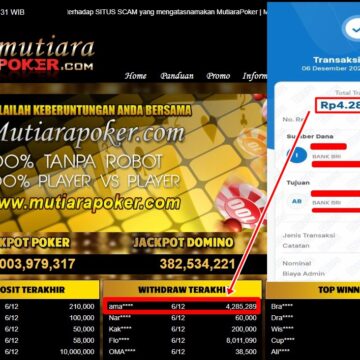 Bukti Withdraw ( 4,285,289,- ) Member Setia MutiaraPoker