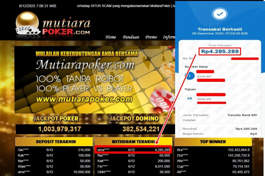 Bukti Withdraw ( 4,285,289,- ) Member Setia MutiaraPoker