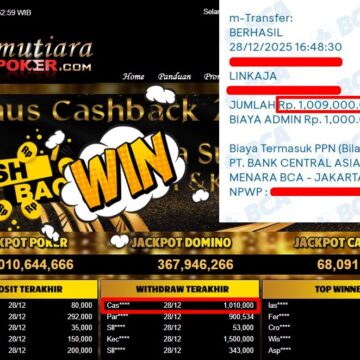 Bukti Withdraw ( 1,010,000,- ) Member Setia MutiaraPoker