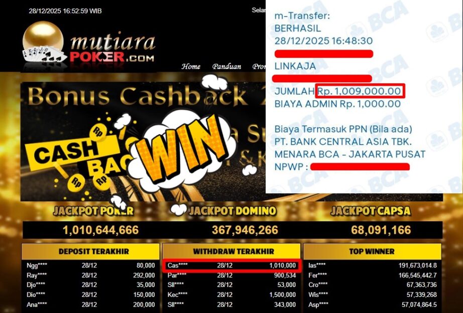 Bukti Withdraw ( 1,010,000,- ) Member Setia MutiaraPoker