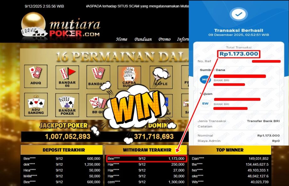 Bukti Withdraw ( 1,173,000,- ) Member Setia MutiaraPoker