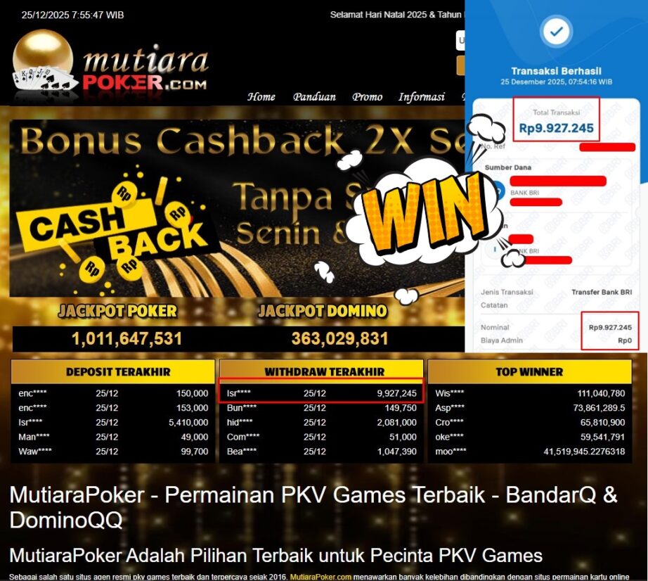 Bukti Withdraw ( 9.927.245,- ) Member Setia MutiaraPoker