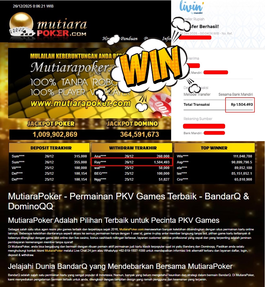 Bukti Withdraw ( 1.504.493,- ) Member Setia MutiaraPoker