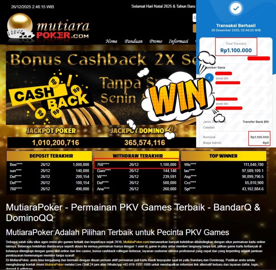 Bukti Withdraw ( 1.100.000,- ) Member Setia MutiaraPoker