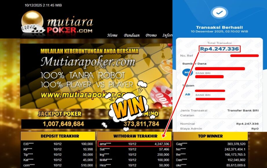 Bukti Withdraw ( 4,247,336,- ) Member Setia MutiaraPoker