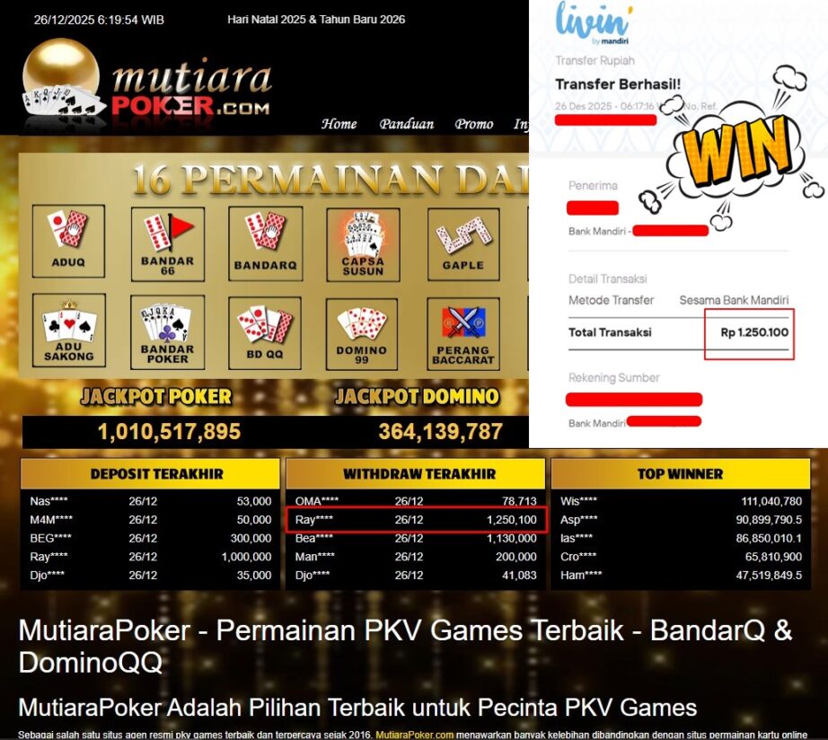 Bukti Withdraw ( 1.250.100,- ) Member Setia MutiaraPoker