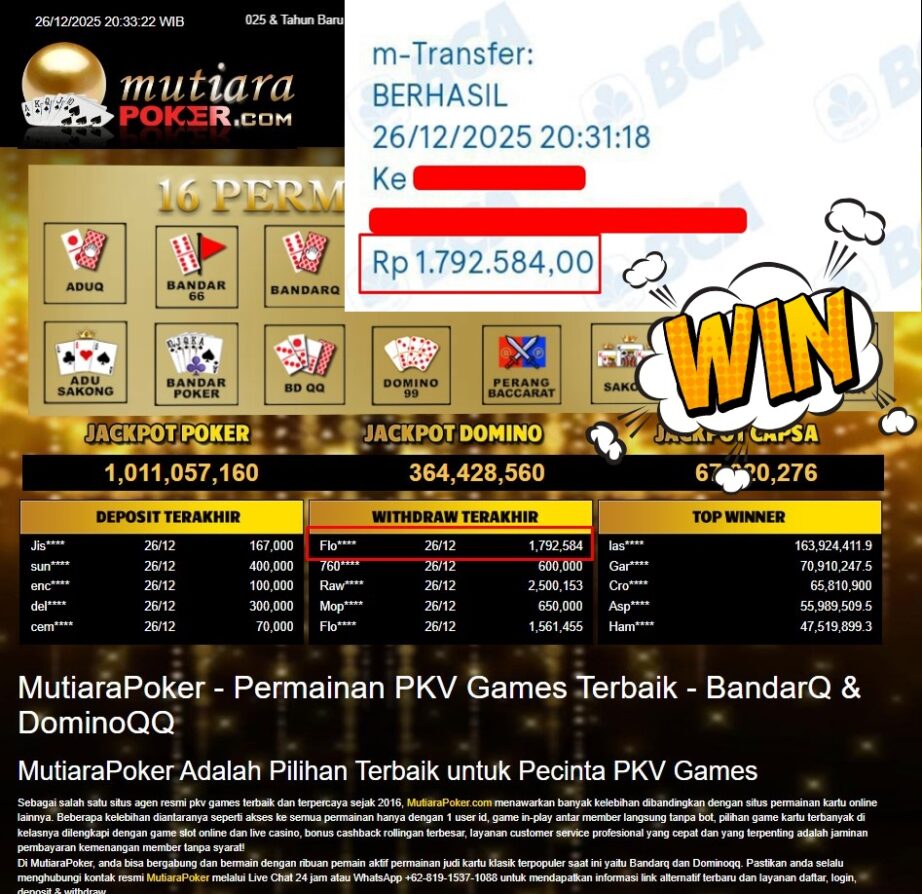 Bukti Withdraw ( 1.792.584,- ) Member Setia MutiaraPoker