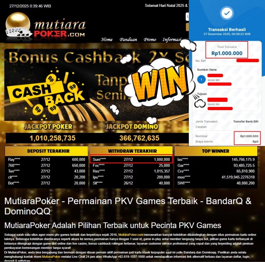 Bukti Withdraw ( 1.000.000,- ) Member Setia MutiaraPoker