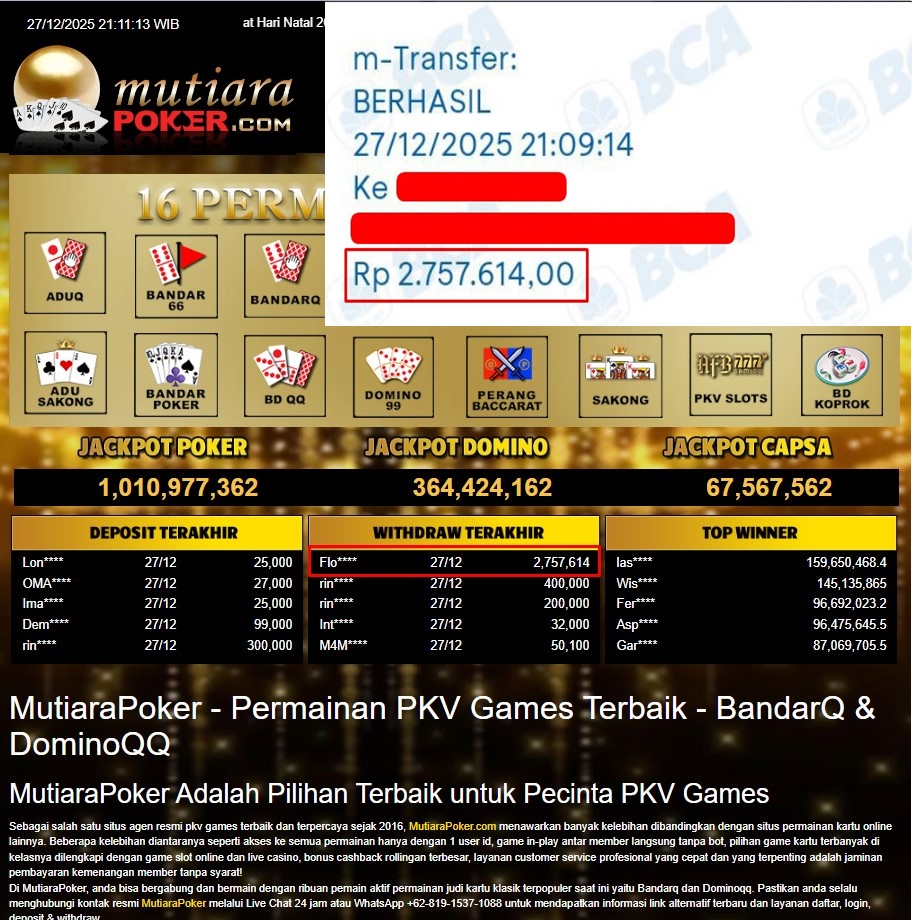Bukti Withdraw ( 2.757.614,- ) Member Setia MutiaraPoker