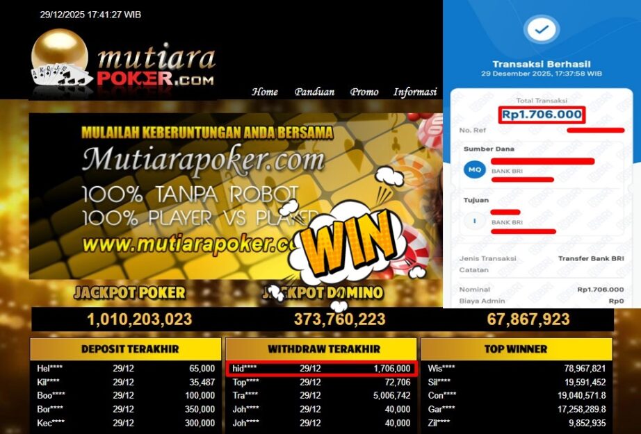 Bukti Withdraw ( 1,706,000,- ) Member Setia MutiaraPoker
