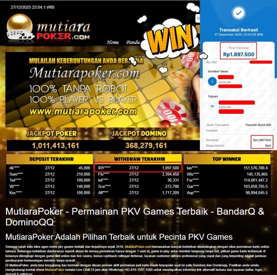 Bukti Withdraw ( 1.897.500,- ) Member Setia MutiaraPoker