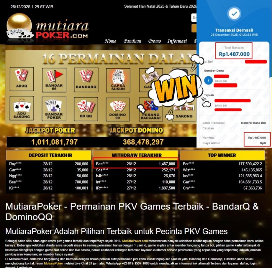 Bukti Withdraw ( 1.487.000,- ) Member Setia MutiaraPoker