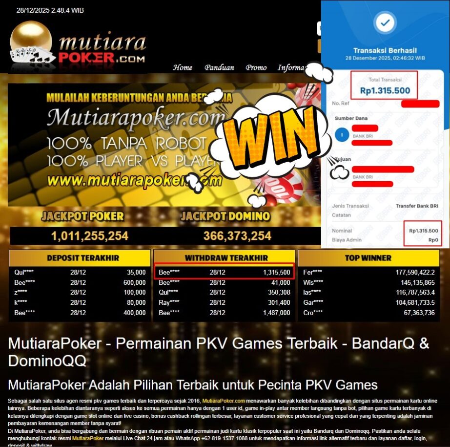 Bukti Withdraw ( 1.315.500,- ) Member Setia MutiaraPoker