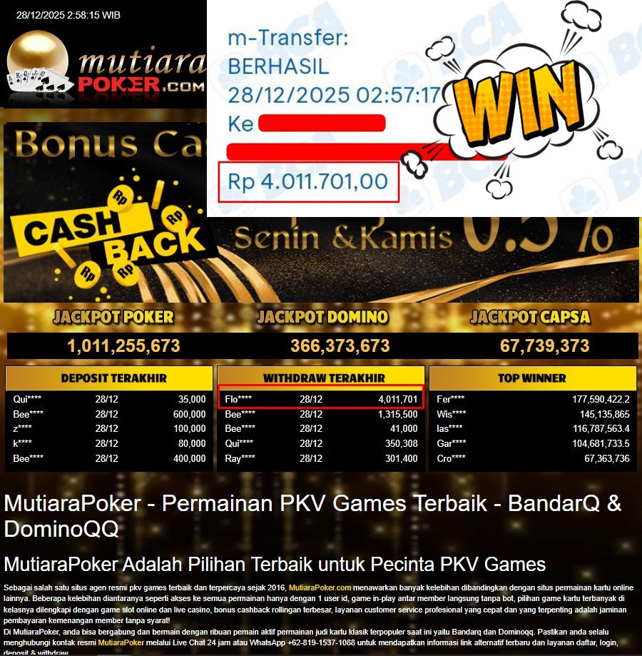 Bukti Withdraw ( 4.011.701,- ) Member Setia MutiaraPoker