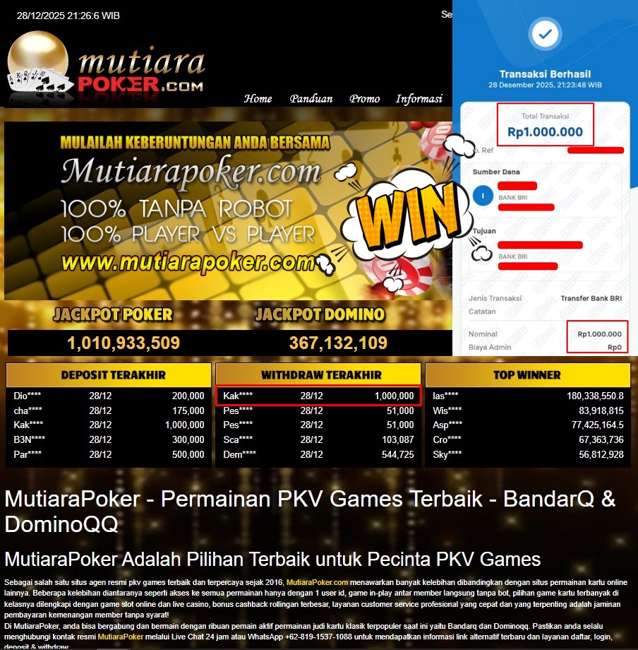 Bukti Withdraw ( 1.000.000,- ) Member Setia MutiaraPoker
