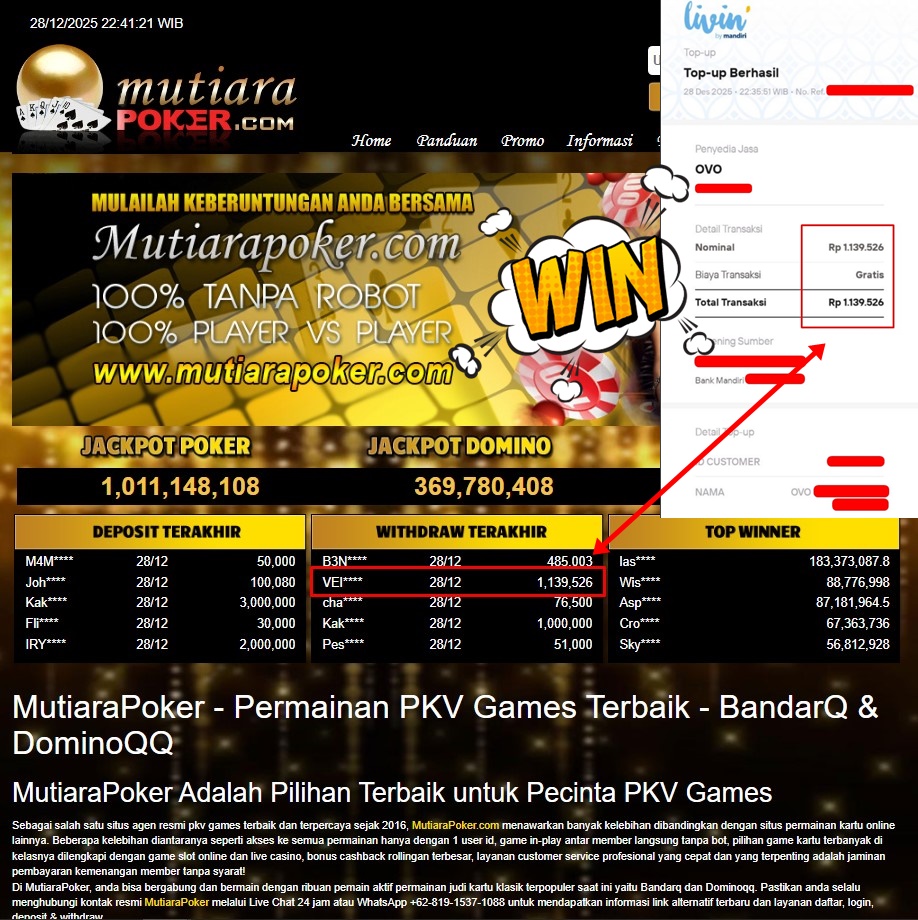 Bukti Withdraw ( 1.139.526,- ) Member Setia MutiaraPoker