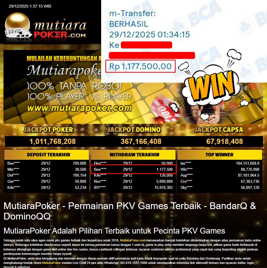 Bukti Withdraw ( 1.177.500,- ) Member Setia MutiaraPoker