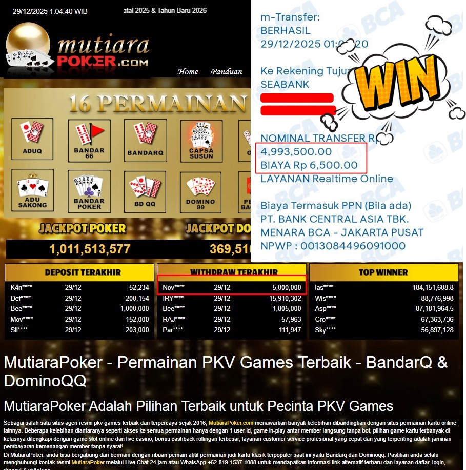 Bukti Withdraw ( 5.000.000,- ) Member Setia MutiaraPoker