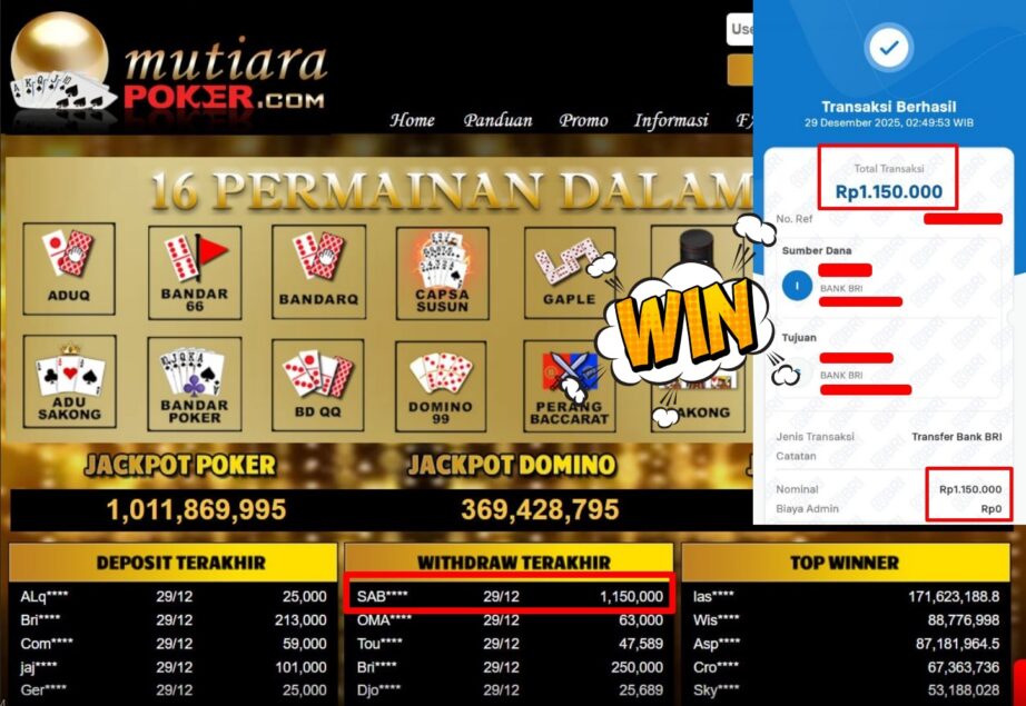 Bukti Withdraw ( 1.150.000,- ) Member Setia MutiaraPoker