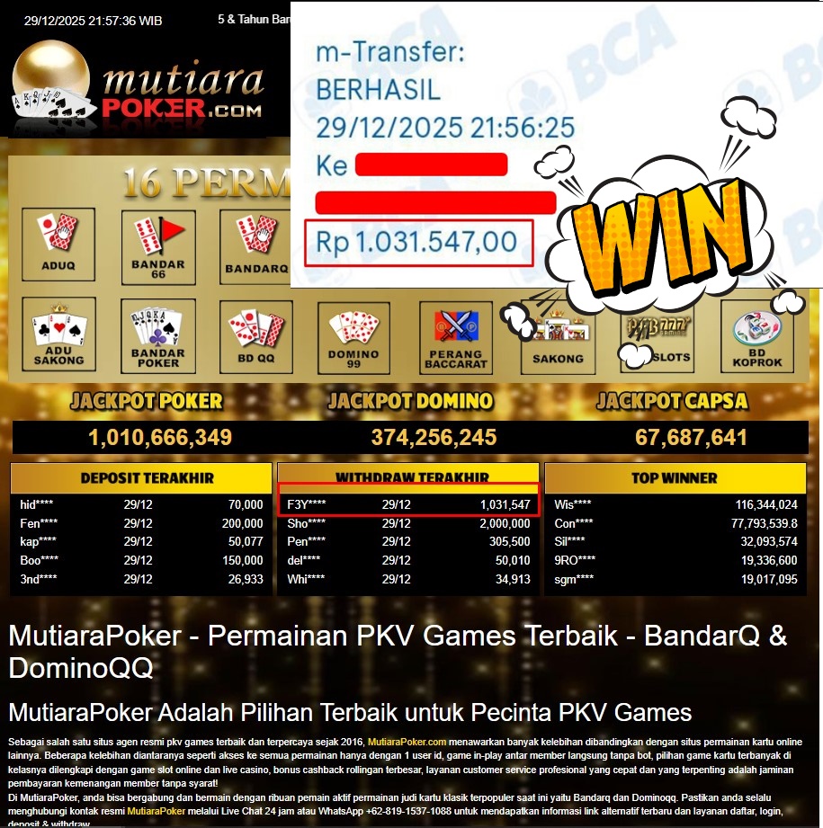 Bukti Withdraw ( 1.031.547,- ) Member Setia MutiaraPoker