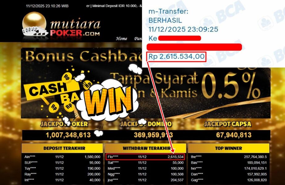 Bukti Withdraw ( 2,615,534,- ) Member Setia MutiaraPoker