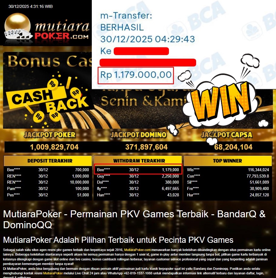 Bukti Withdraw ( 1.179.000,- ) Member Setia MutiaraPoker