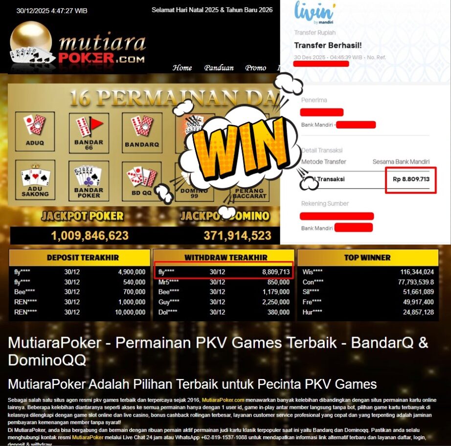 Bukti Withdraw ( 8.809.713,- ) Member Setia MutiaraPoker