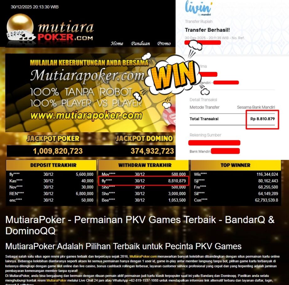 Bukti Withdraw ( 8.810.879,- ) Member Setia MutiaraPoker