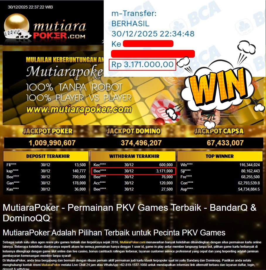 Bukti Withdraw ( 3.171.000,- ) Member Setia MutiaraPoker
