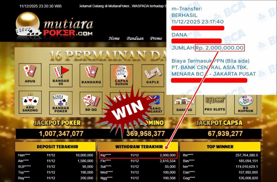 Bukti Withdraw (2,000,000,- ) Member Setia MutiaraPoker