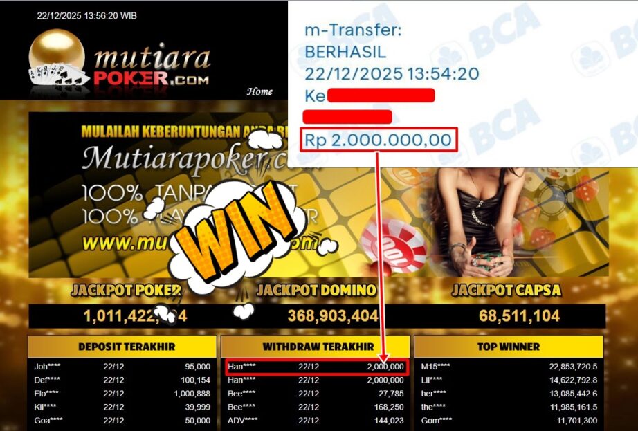 Bukti Withdraw ( 2,000,000,- ) Member Setia MutiaraPoker
