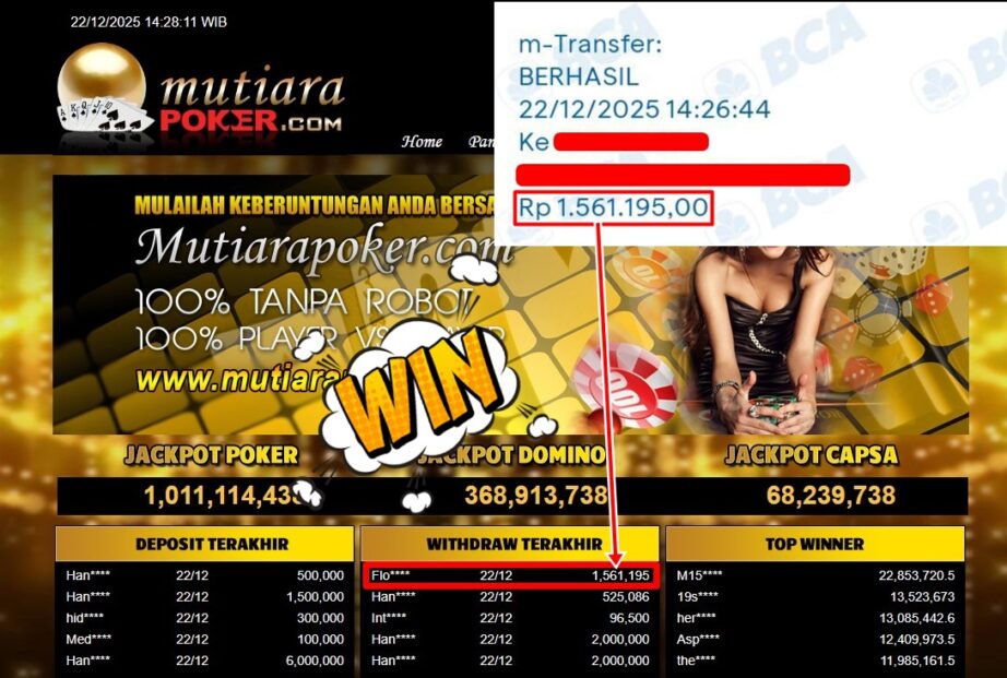 Bukti Withdraw ( 1,561,195,- ) Member Setia MutiaraPoker